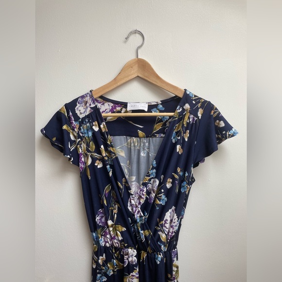 French Grey Dresses & Skirts - Navy Blue Floral Maxi Dress with Deep V Neckline